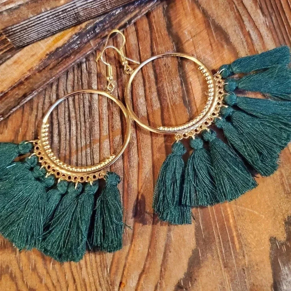 Fringe Tassel Earrings Gold Forest Green